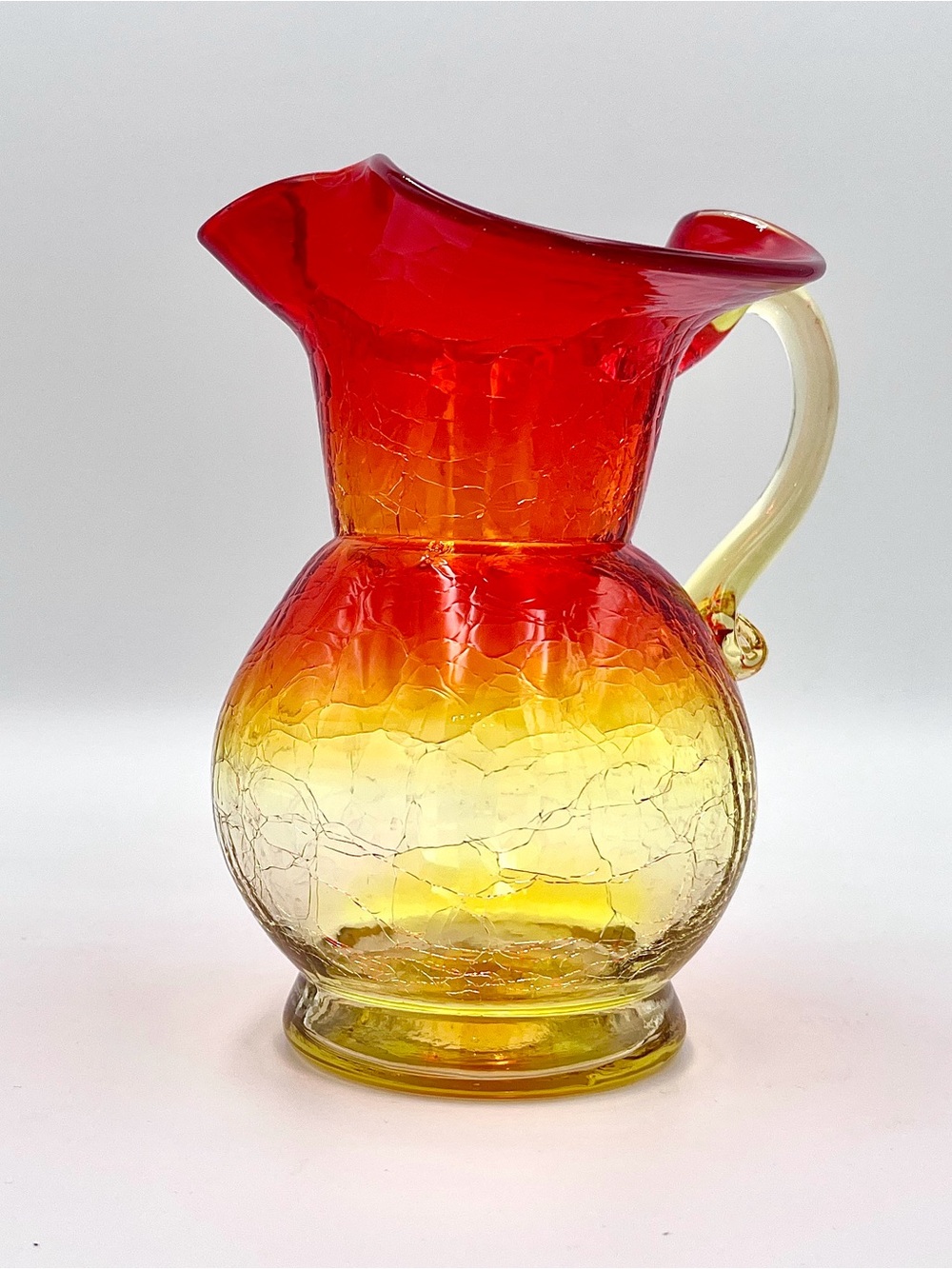 Vintage MCM Amberina Crackle Glass Mini Pitcher Ruffled Rim - Red and Yellow - Picture 2 of 5